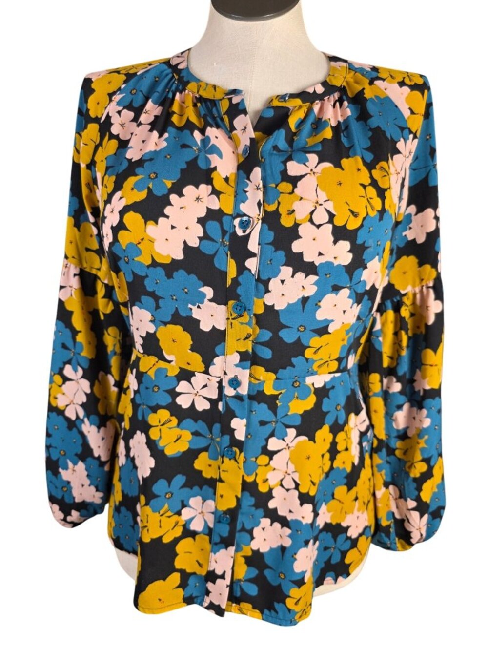 Floral Button-Front Black Blouse With Yellow Blue & Pink Accents By Cabi - Size